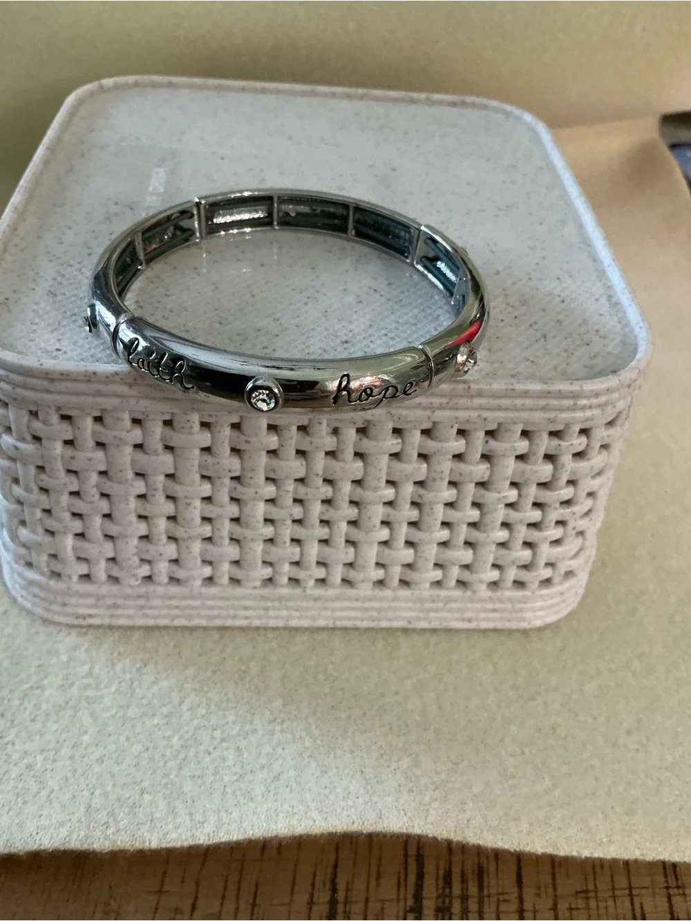 Silver 'Love, Faith and Hope Crystal Accent Bangle Bracelet